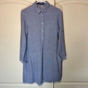 Zara Basic‎ Shirt Mini Dress Long Sleeve Pockets Blue Poplin Half Button XS